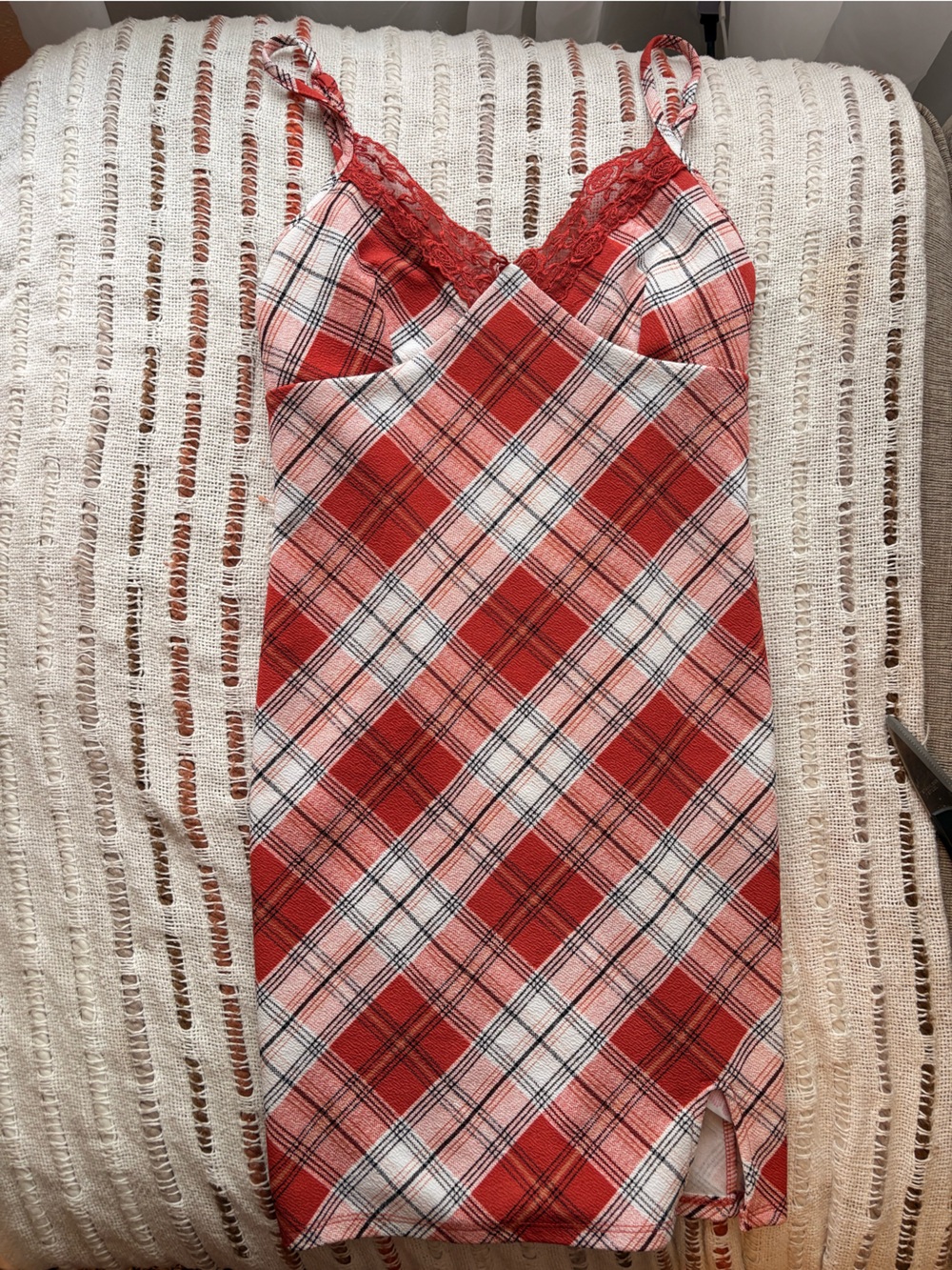 No Boundaries Red Plaid Lace-Trim Slip Dress